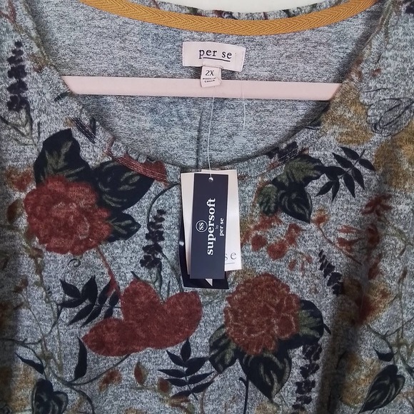 Perse Womens Knit Blouse‎ 2X Long Sleeve Gray Floral Relaxed Scoop Neck Knit Tee - Picture 10 of 11